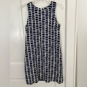 Island Company Windowpane Navy White Sleeveless 100% Linen Classic Shift Dress S